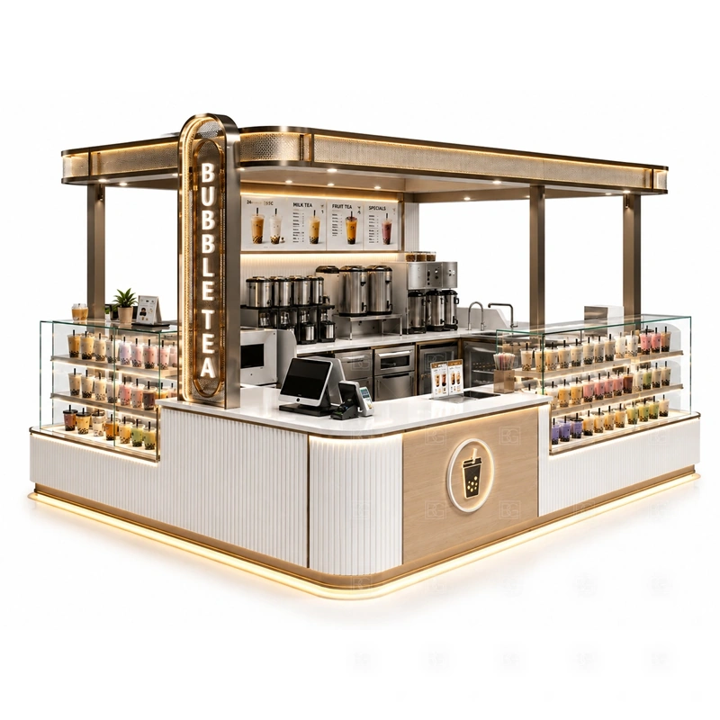 Bubble Tea Kiosk Manufacturer layout showing drink-service counter planning shown in the bubble tea kiosk manufacturer product photos, with front-facing mall traffic with a clear customer approach and staff side behind the counter