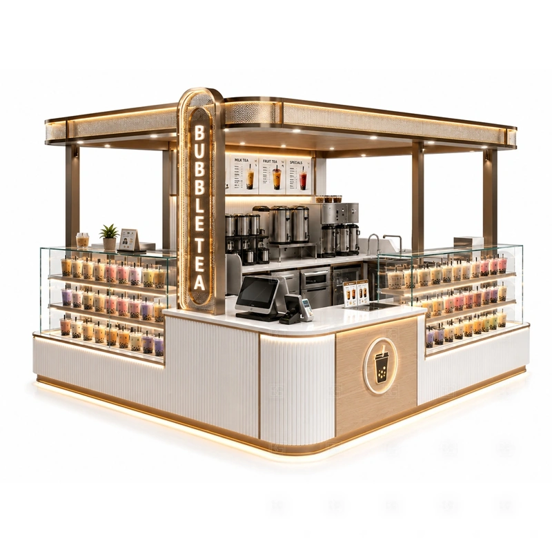 Bubble Tea Kiosk Manufacturer display detail for menu board, cup display, topping counter, pickup area, syrup or ingredient zones, and customer-facing panels planned for bubble tea kiosk manufacturer