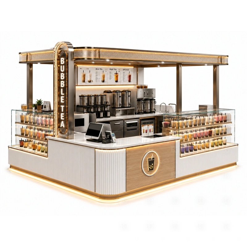 Bubble Tea Kiosk Manufacturer branding detail for logo panels, menu graphics, front brand panels, side signs, and drink-category visuals coordinated for bubble tea kiosk manufacturer