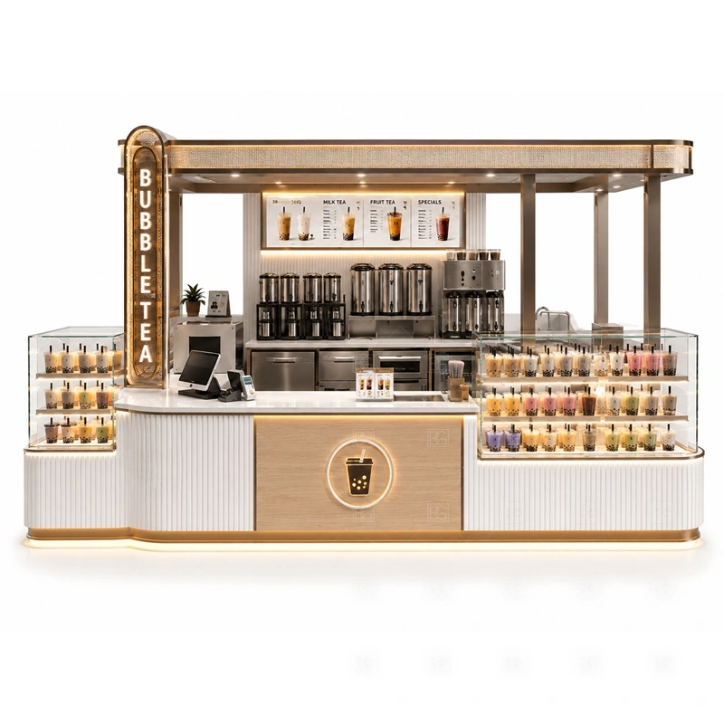 Bubble Tea Kiosk Manufacturer storage detail for cup storage, topping storage, under-counter fridge space, syrup shelves, packaging drawers, and service supplies planned for bubble tea kiosk manufacturer