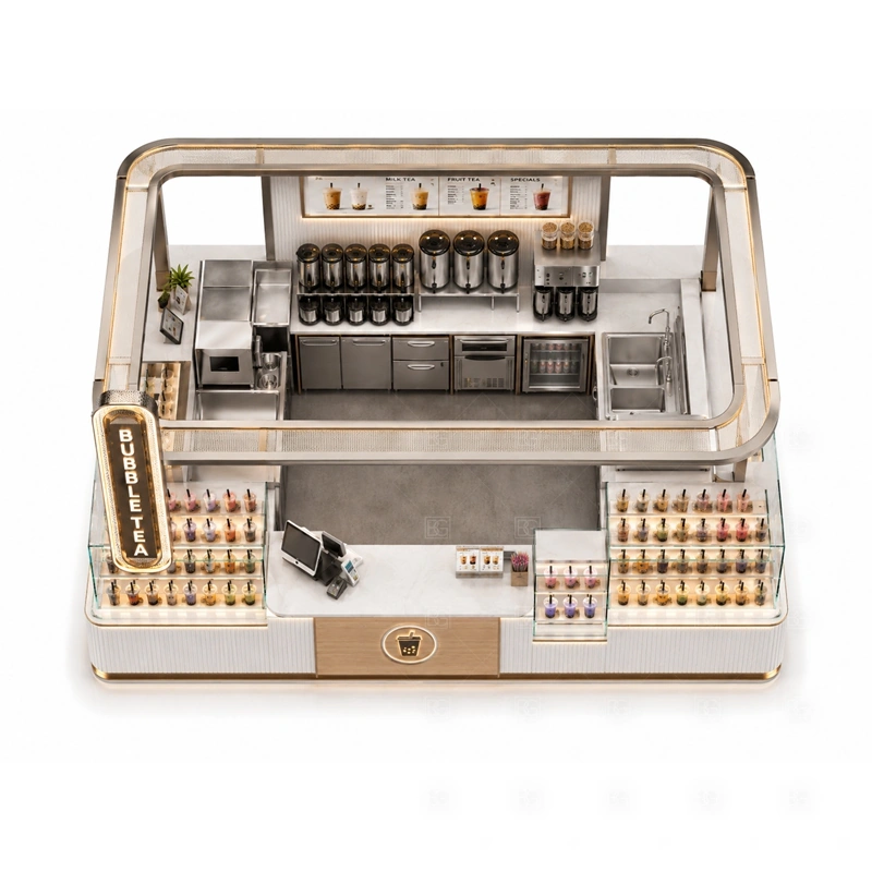 Bubble Tea Kiosk Manufacturer buyer planning detail for Bubble Tea Kiosk Manufacturer target size, sealer dimensions, tea brewer position, topping counter size, fridge size, sink requirement, menu board size, destination country