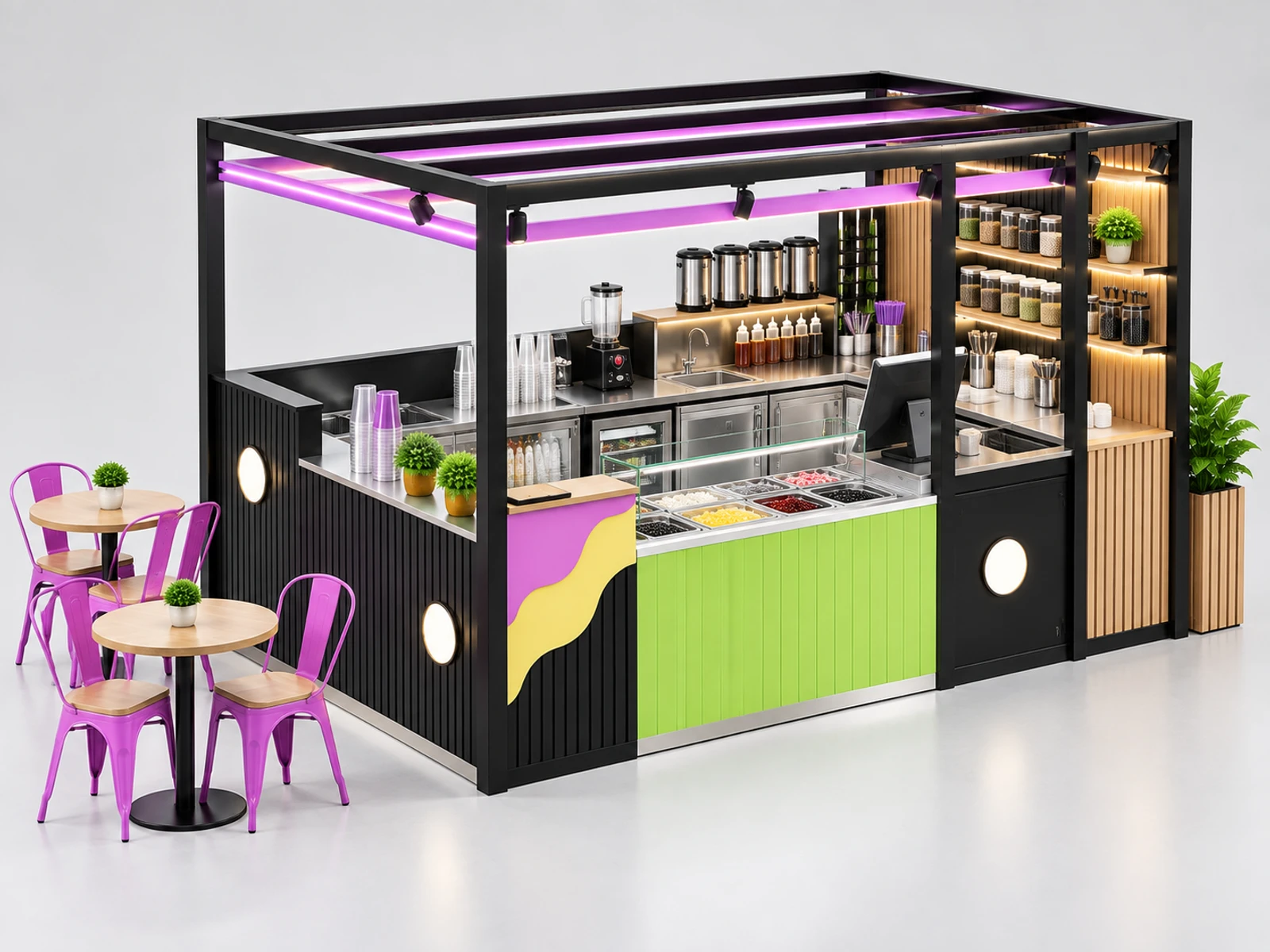 Bubble Tea Kiosk with Self-Order Screen opposite angle showing the complete layout