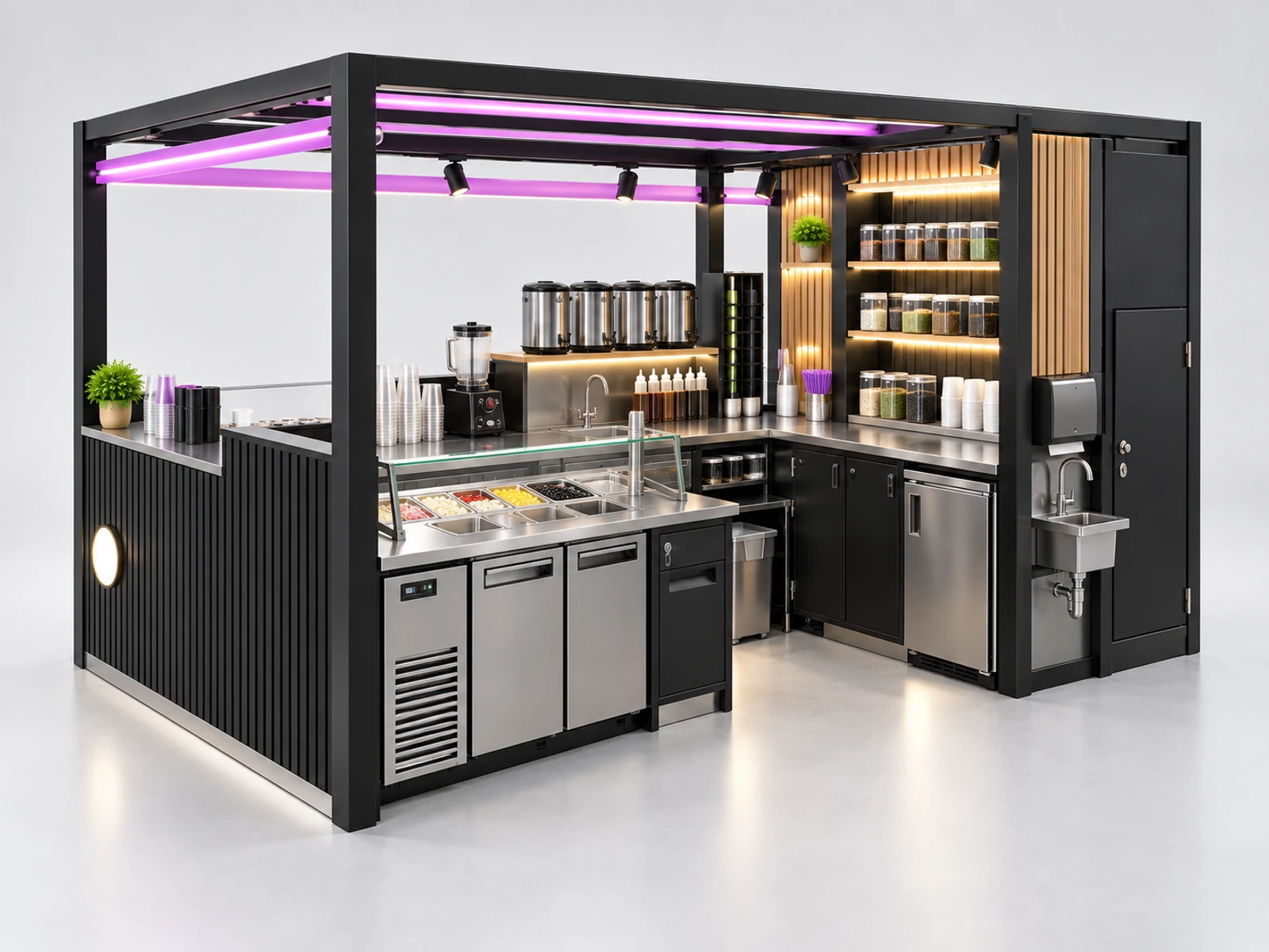 Bubble Tea Kiosk with Self-Order Screen staff-side equipment, utilities, and storage view
