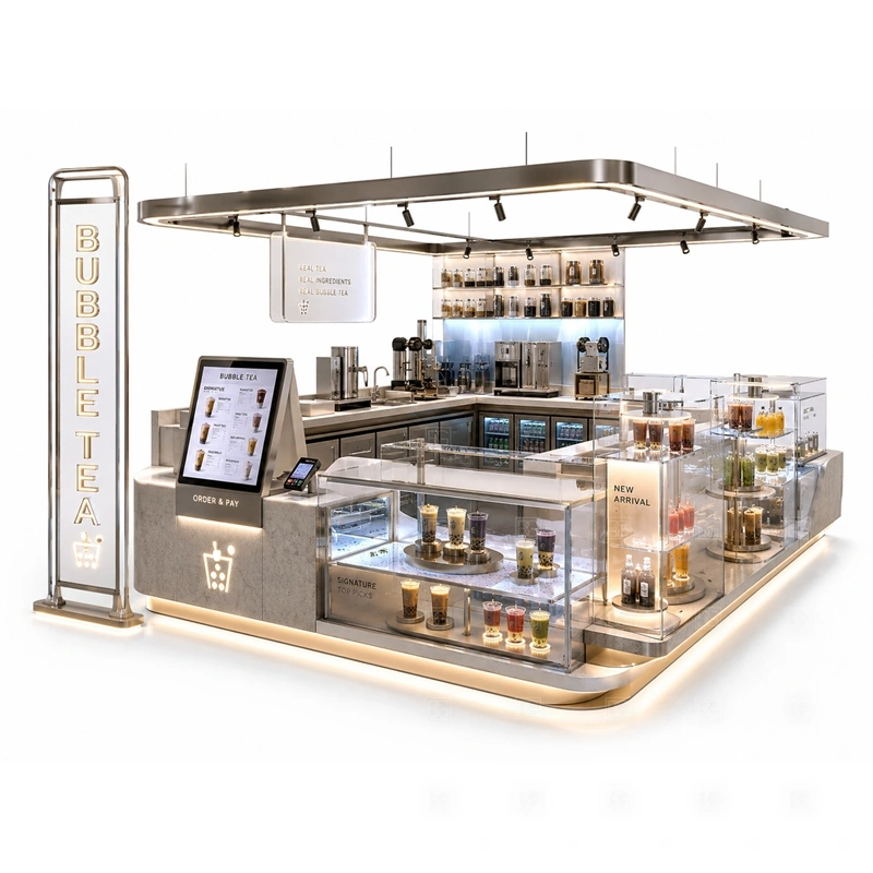 Compact Boba Tea Kiosk for Food Court with small-space drink service, food court utility planning, cup storage, and fast pickup flow shown in the compact boba tea kiosk for food court product photos for bubble tea and cold beverage retail