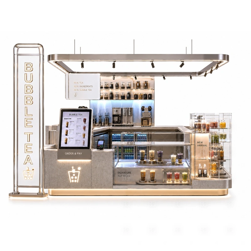 Compact Boba Tea Kiosk for Food Court layout showing drink-service counter planning shown in the compact boba tea kiosk for food court product photos, with compact lease areas where storage and customer flow must be planned carefully