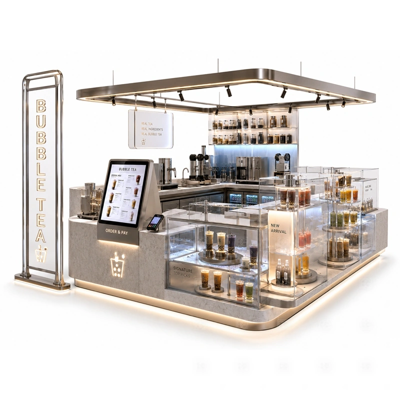 Compact Boba Tea Kiosk for Food Court display detail for menu board, cup display, topping counter, pickup area, syrup or ingredient zones, and customer-facing panels planned for compact boba tea kiosk for food court