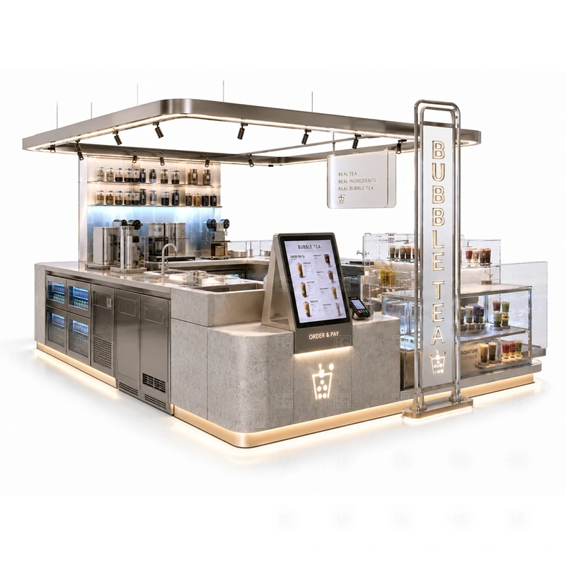 Compact Boba Tea Kiosk for Food Court branding detail for logo panels, menu graphics, front brand panels, side signs, and drink-category visuals coordinated for compact boba tea kiosk for food court