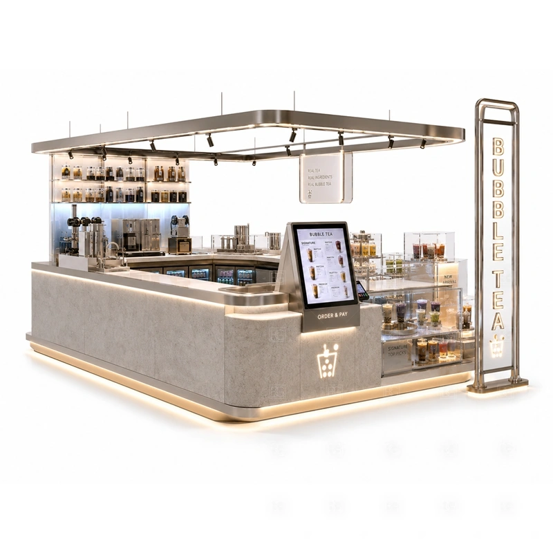Compact Boba Tea Kiosk for Food Court storage detail for cup storage, topping storage, under-counter fridge space, syrup shelves, packaging drawers, and service supplies planned for compact boba tea kiosk for food court