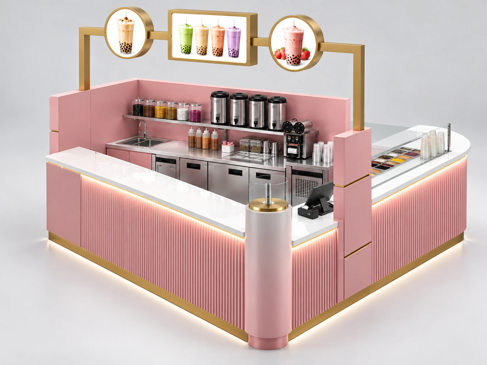Compact Mall Bubble Tea Kiosk with One-Way Service Line opposite angle showing the complete layout