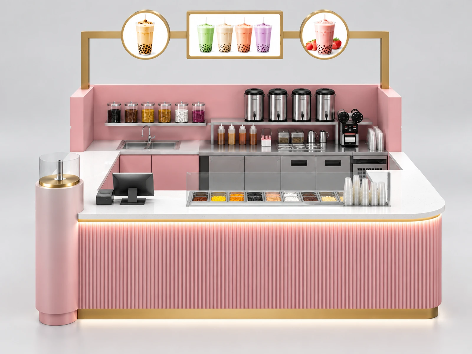 Compact Mall Bubble Tea Kiosk with One-Way Service Line customer-facing service and display detail