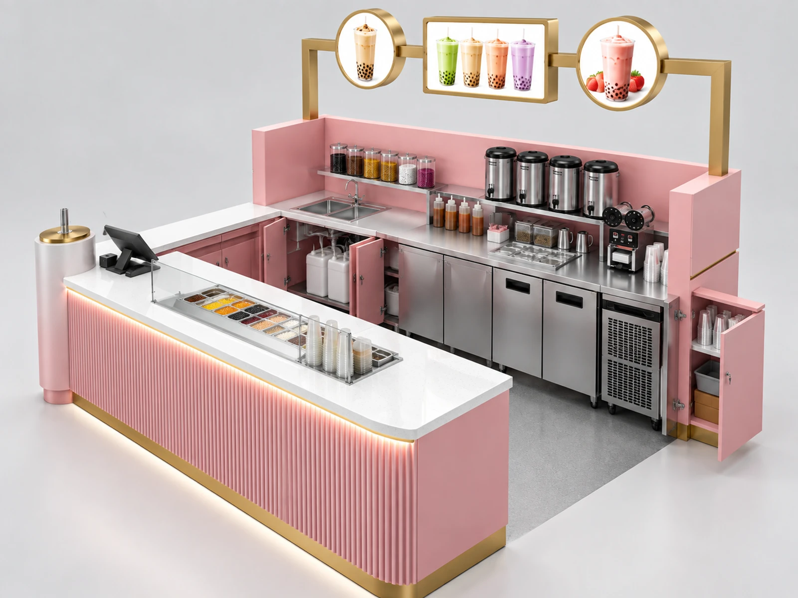 Compact Mall Bubble Tea Kiosk with One-Way Service Line staff-side equipment, utilities, and storage view