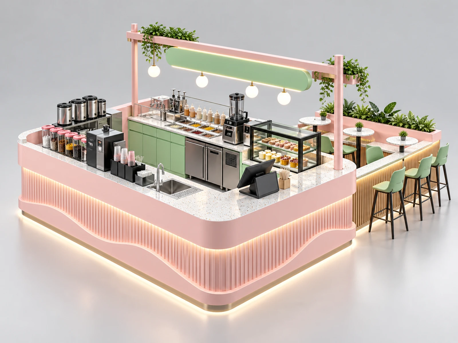 Corner Milk Tea Kiosk with Space-Saving Equipment Line main three-quarter product view