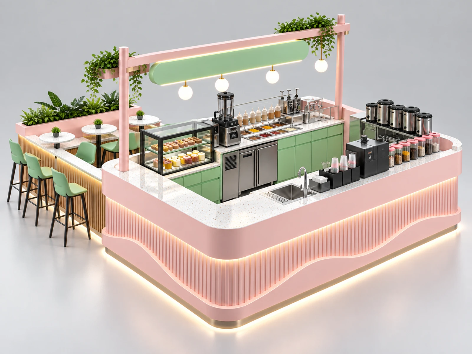 Corner Milk Tea Kiosk with Space-Saving Equipment Line opposite angle showing the complete layout