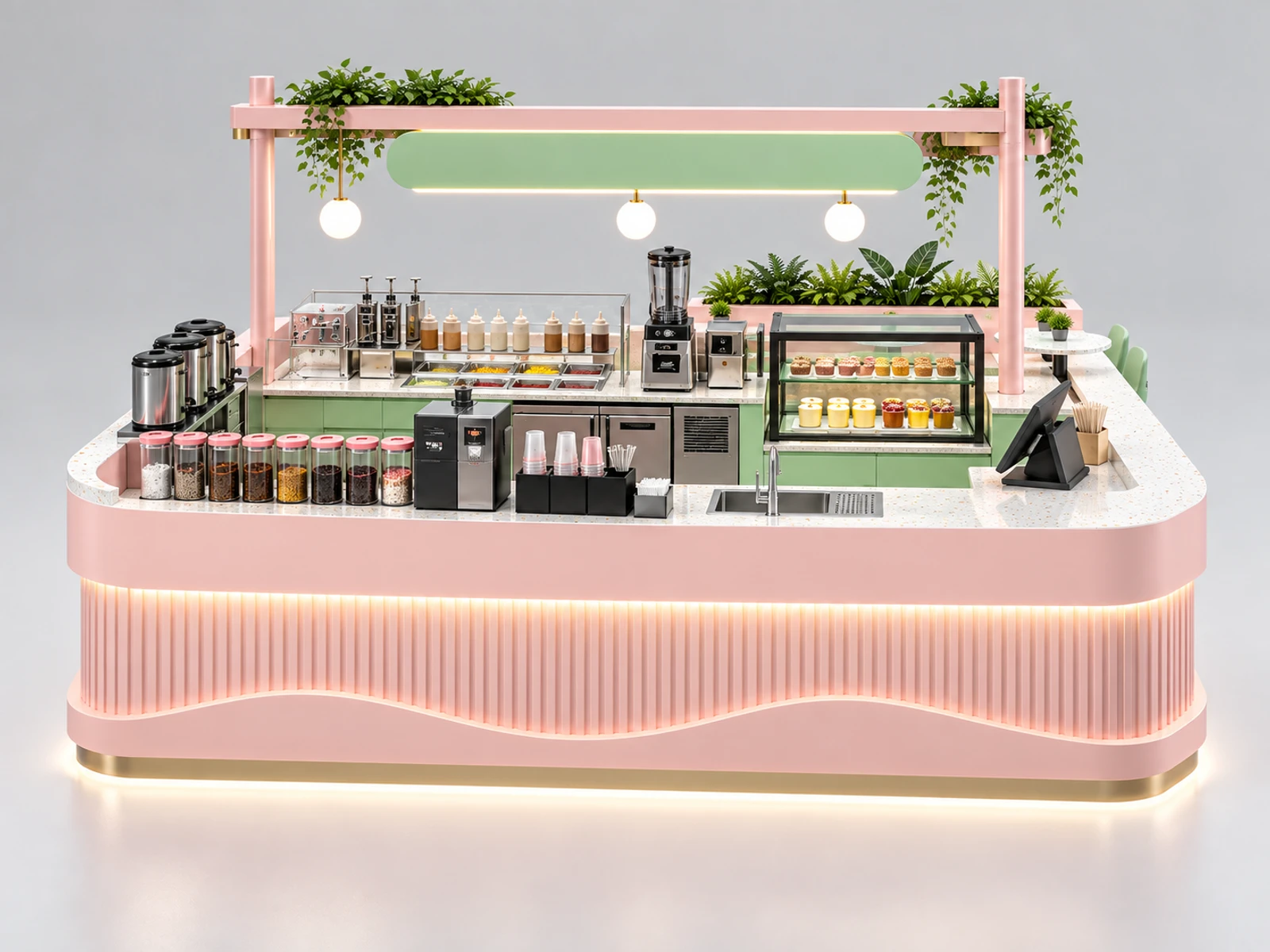 Corner Milk Tea Kiosk with Space-Saving Equipment Line customer-facing service and display detail
