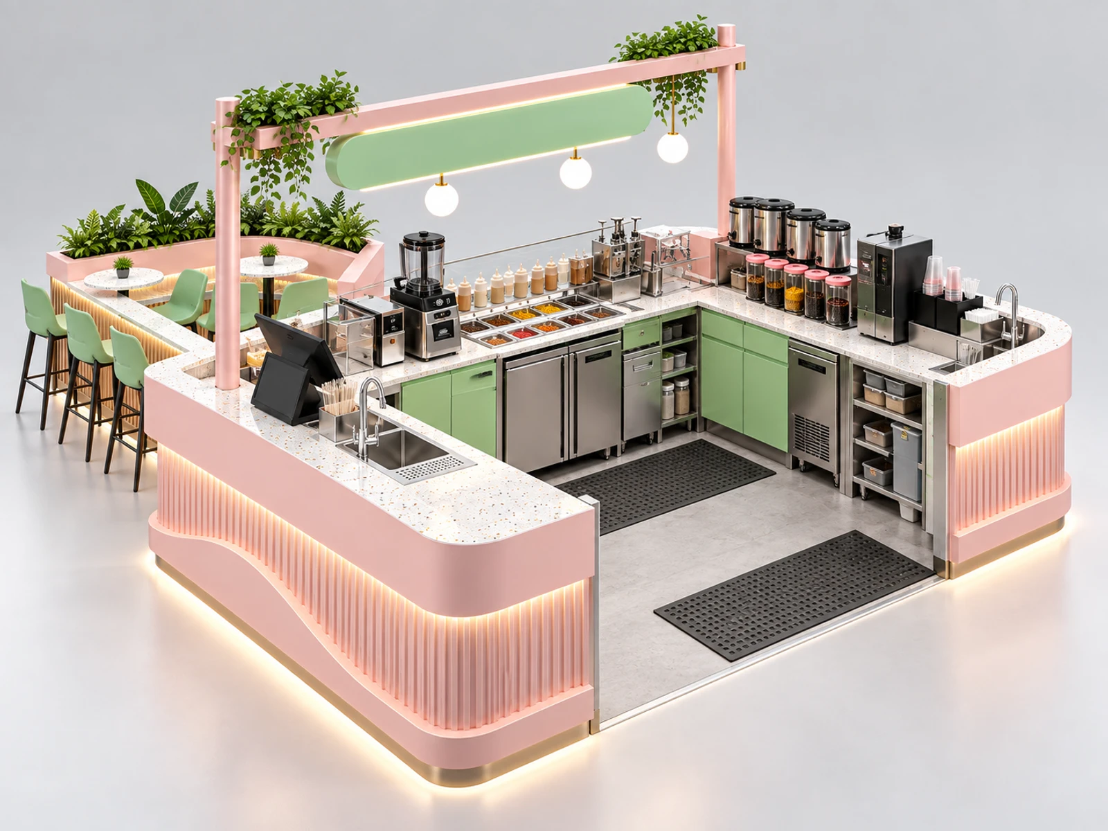 Corner Milk Tea Kiosk with Space-Saving Equipment Line staff-side equipment, utilities, and storage view