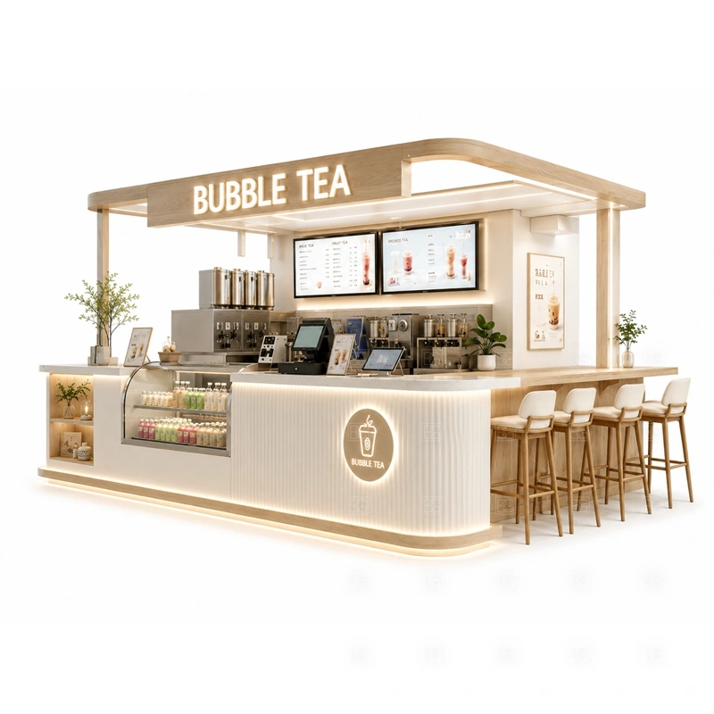 Custom Bubble Tea Kiosk for Sale layout showing drink-service counter planning shown in the custom bubble tea kiosk for sale product photos, with front-facing mall traffic with a clear customer approach and staff side behind the counter