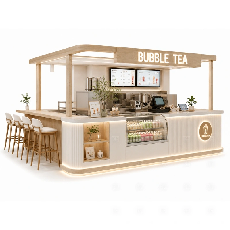 Custom Bubble Tea Kiosk for Sale display detail for menu board, cup display, topping counter, pickup area, syrup or ingredient zones, and customer-facing panels planned for custom bubble tea kiosk for sale
