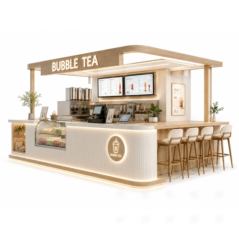 Custom Bubble Tea Kiosk for Sale branding detail for logo panels, menu graphics, front brand panels, side signs, and drink-category visuals coordinated for custom bubble tea kiosk for sale