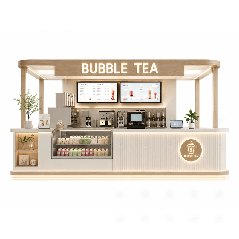 Custom Bubble Tea Kiosk for Sale storage detail for cup storage, topping storage, under-counter fridge space, syrup shelves, packaging drawers, and service supplies planned for custom bubble tea kiosk for sale