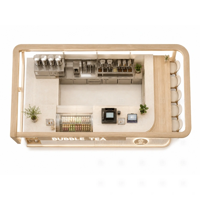 Custom Bubble Tea Kiosk for Sale buyer planning detail for Custom Bubble Tea Kiosk for Sale target size, sealer dimensions, tea brewer position, topping counter size, fridge size, sink requirement, menu board size, destination country