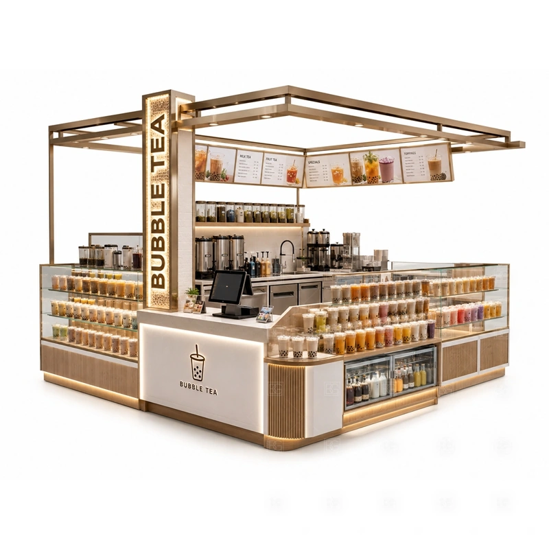 Custom Milk Tea Kiosk with Display Counter with milk tea preparation, glass display counter visibility, ingredient storage, and branded service flow shown in the custom milk tea kiosk with display counter product photos for bubble tea and cold beverage retail