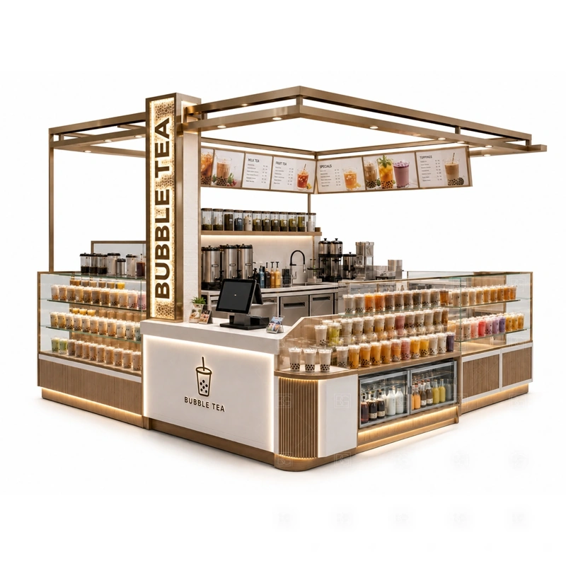 Custom Milk Tea Kiosk with Display Counter layout showing drink-service counter planning shown in the custom milk tea kiosk with display counter product photos, with front-facing mall traffic with a clear customer approach and staff side behind the counter