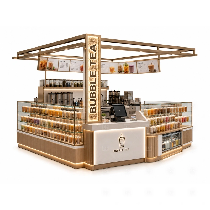 Custom Milk Tea Kiosk with Display Counter display detail for menu board, cup display, topping counter, pickup area, syrup or ingredient zones, and customer-facing panels planned for custom milk tea kiosk with display counter