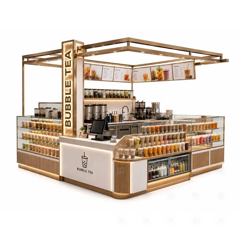 Custom Milk Tea Kiosk with Display Counter branding detail for logo panels, menu graphics, front brand panels, side signs, and drink-category visuals coordinated for custom milk tea kiosk with display counter