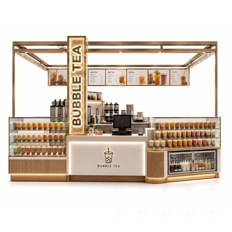 Custom Milk Tea Kiosk with Display Counter storage detail for cup storage, topping storage, under-counter fridge space, syrup shelves, packaging drawers, and service supplies planned for custom milk tea kiosk with display counter