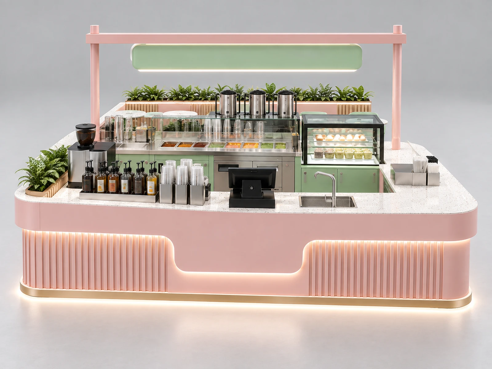 Franchise Bubble Tea Kiosk with Repeatable Modular Layout customer-facing service and display detail