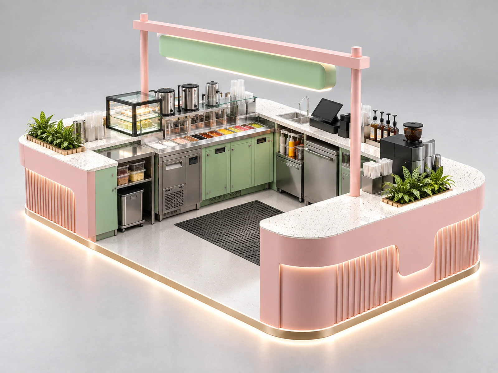 Franchise Bubble Tea Kiosk with Repeatable Modular Layout staff-side equipment, utilities, and storage view