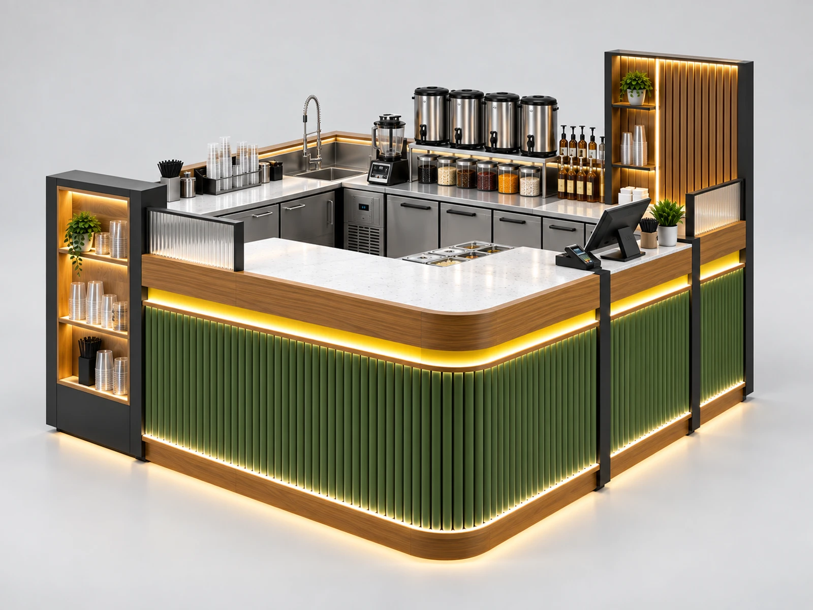 High-Volume Boba Kiosk with Separated Order and Pickup opposite angle showing the complete layout