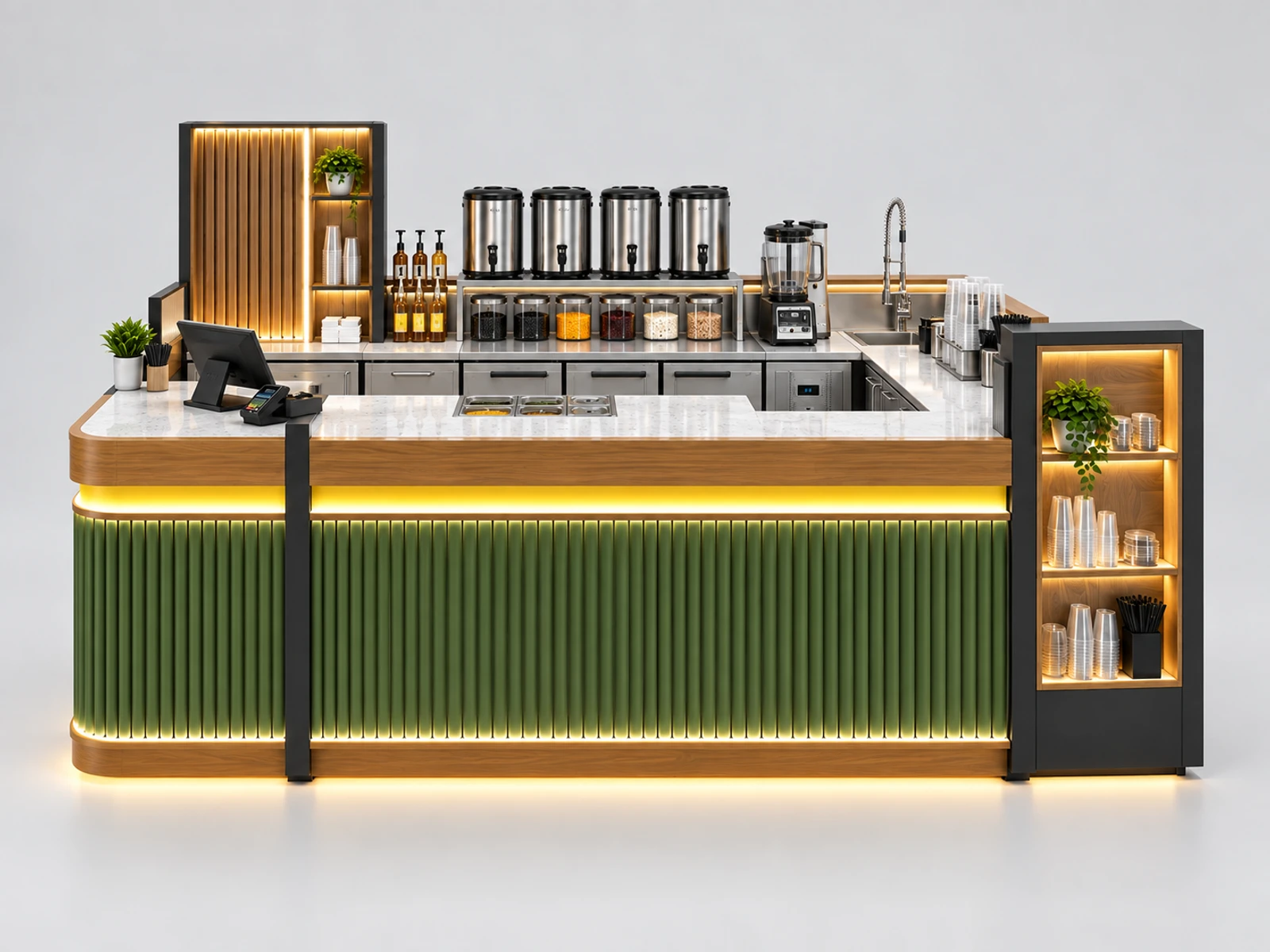 High-Volume Boba Kiosk with Separated Order and Pickup customer-facing service and display detail