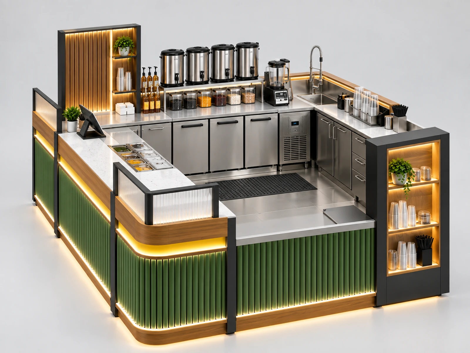 High-Volume Boba Kiosk with Separated Order and Pickup staff-side equipment, utilities, and storage view