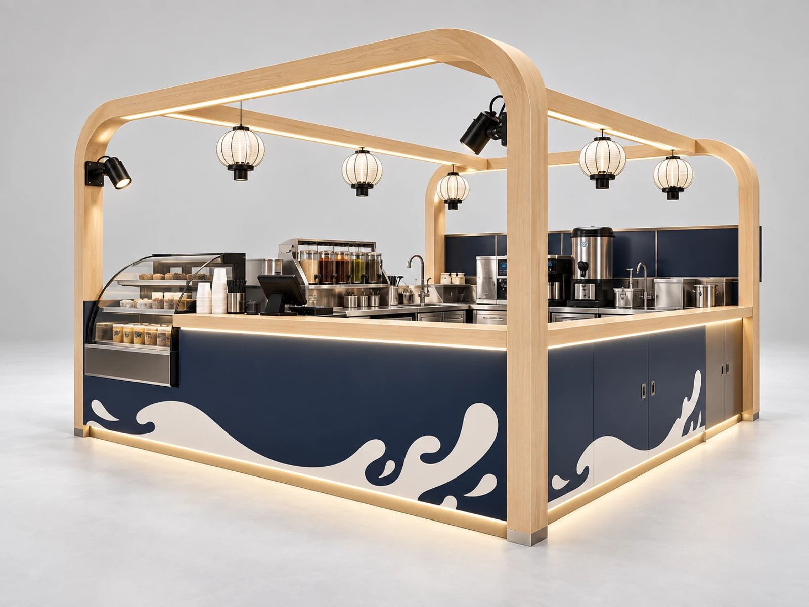 Island Milk Tea Kiosk with Central Preparation Zone main three-quarter product view