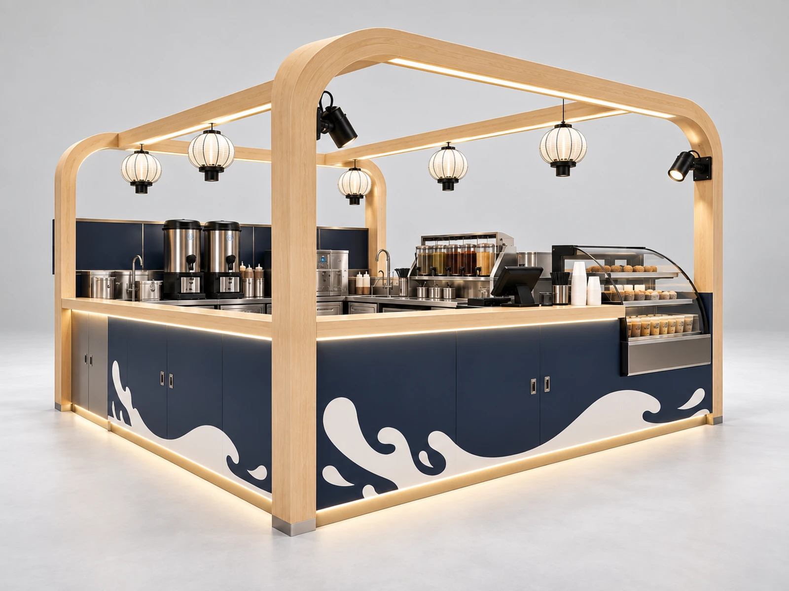 Island Milk Tea Kiosk with Central Preparation Zone opposite angle showing the complete layout