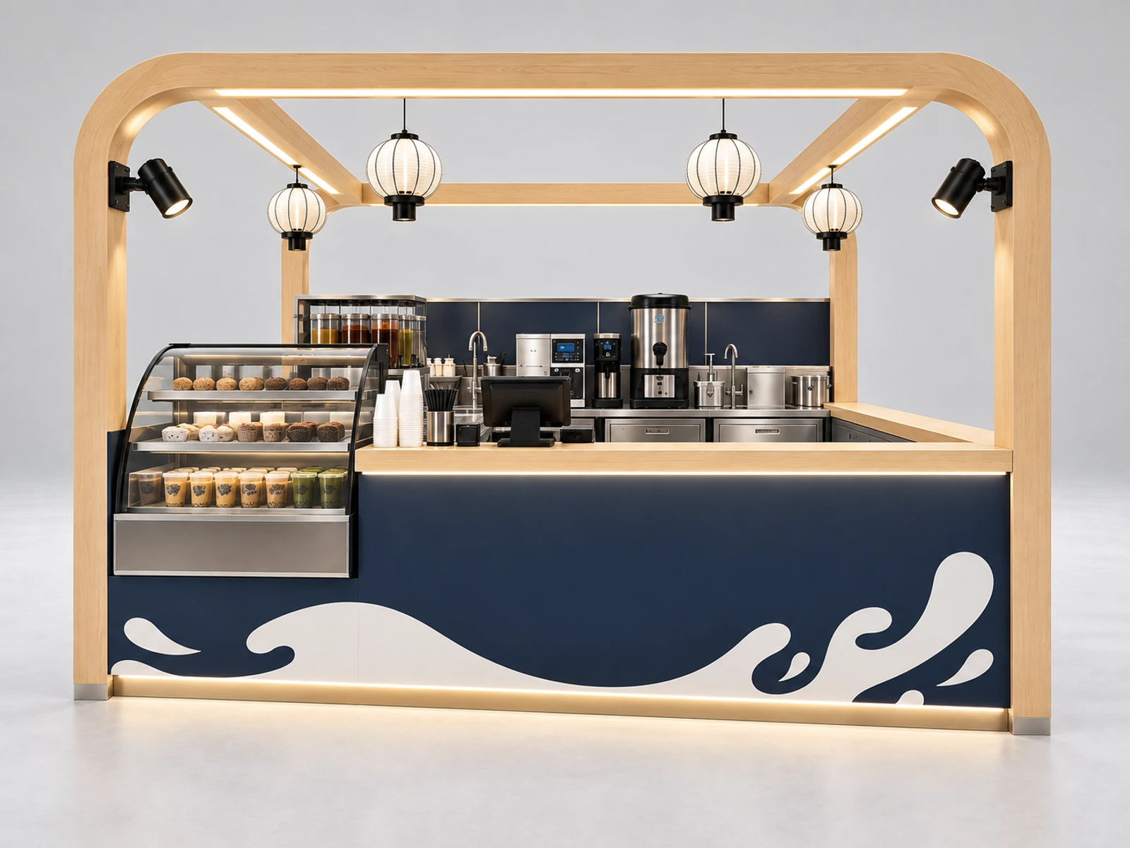 Island Milk Tea Kiosk with Central Preparation Zone customer-facing service and display detail