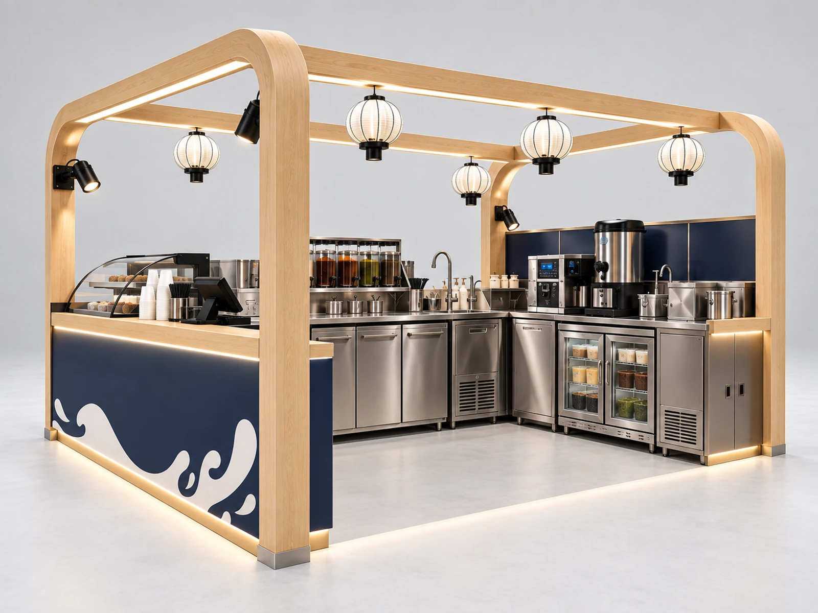 Island Milk Tea Kiosk with Central Preparation Zone staff-side equipment, utilities, and storage view