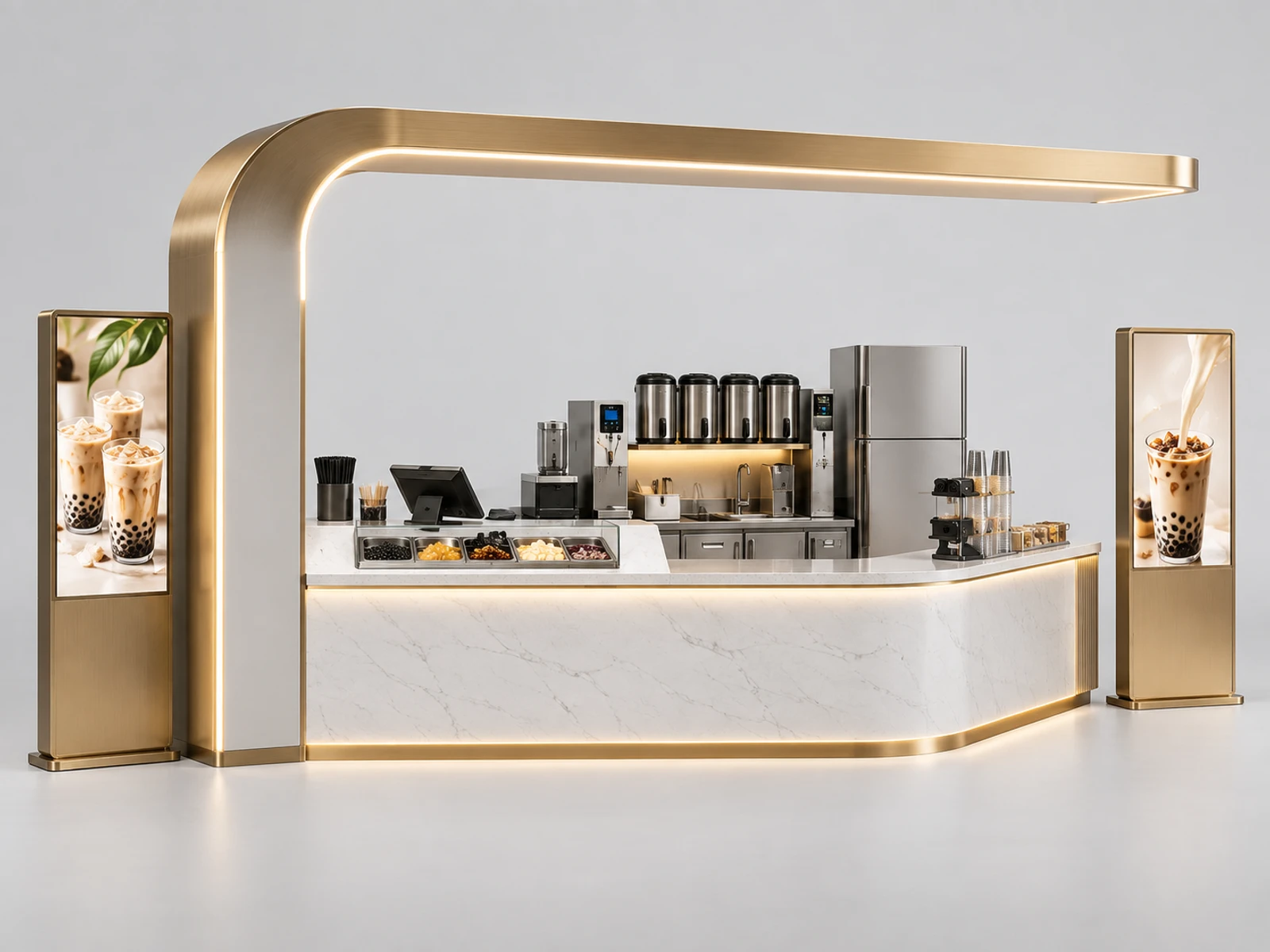 Luxury Bubble Tea Kiosk with Stone Counter and Gold Trim main three-quarter product view