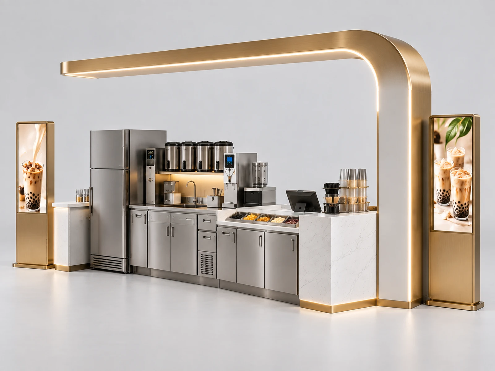 Luxury Bubble Tea Kiosk with Stone Counter and Gold Trim opposite angle showing the complete layout