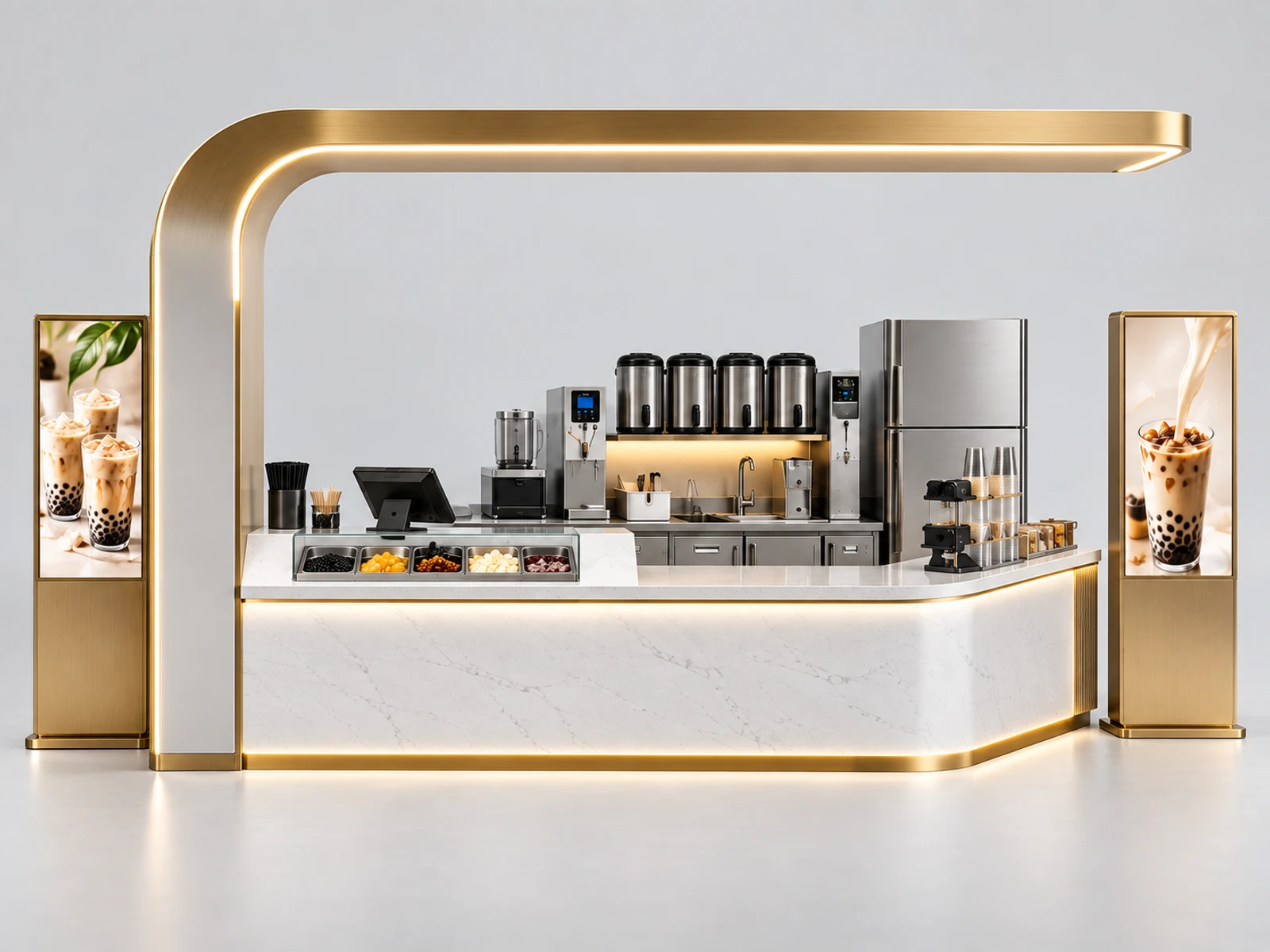 Luxury Bubble Tea Kiosk with Stone Counter and Gold Trim customer-facing service and display detail