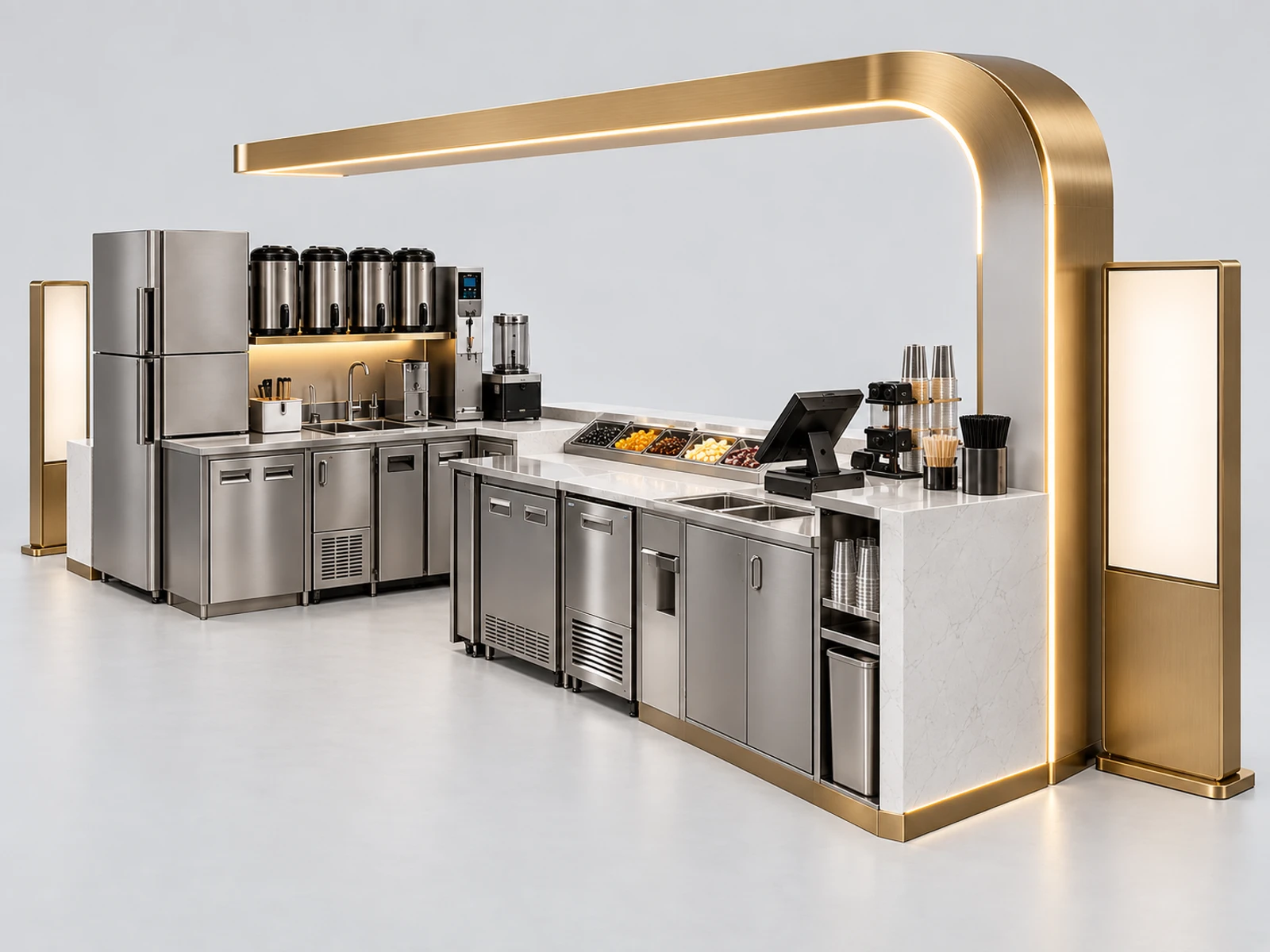 Luxury Bubble Tea Kiosk with Stone Counter and Gold Trim staff-side equipment, utilities, and storage view