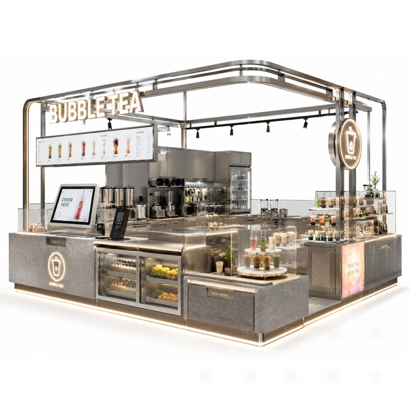 Luxury Bubble Tea Shop Kiosk with Menu Board with premium brand presentation, menu board visibility, drink preparation, and customer-facing counters shown in the luxury bubble tea shop kiosk with menu board product photos for bubble tea and cold beverage retail