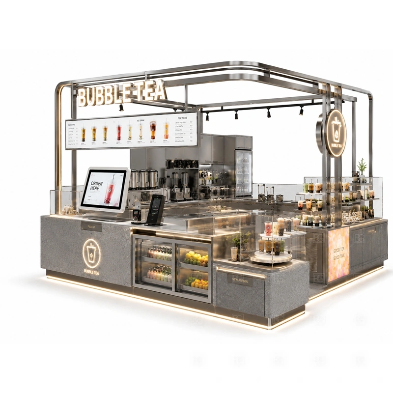 Luxury Bubble Tea Shop Kiosk with Menu Board layout showing drink-service counter planning shown in the luxury bubble tea shop kiosk with menu board product photos, with center-court traffic where customers may approach from more than one direction