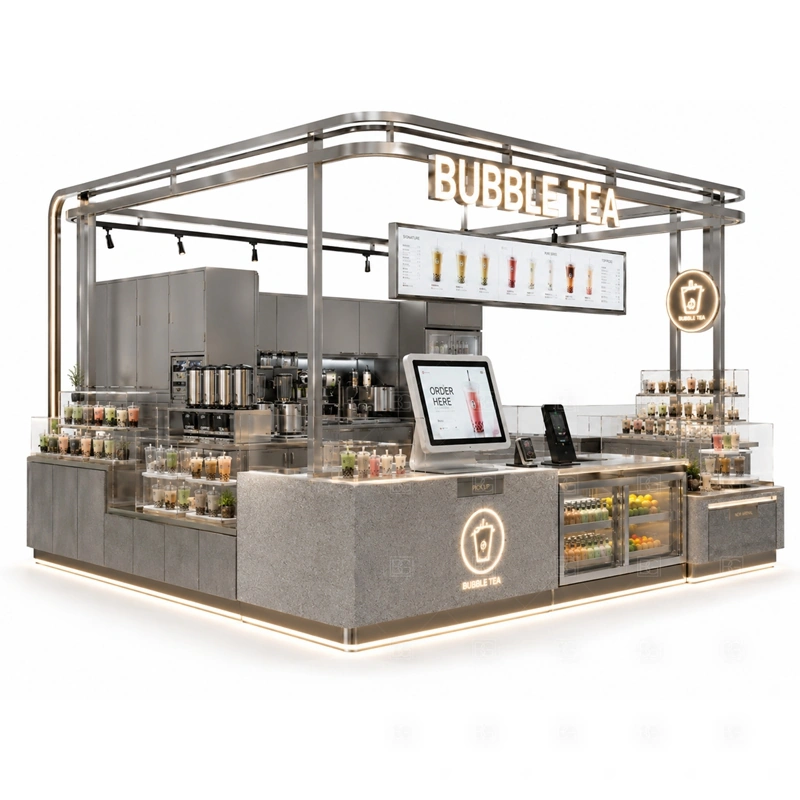 Luxury Bubble Tea Shop Kiosk with Menu Board display detail for menu board, cup display, topping counter, pickup area, syrup or ingredient zones, and customer-facing panels planned for luxury bubble tea shop kiosk with menu board