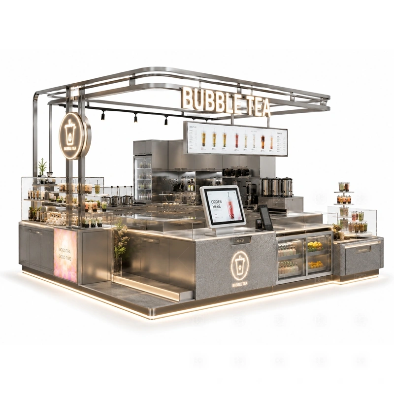 Luxury Bubble Tea Shop Kiosk with Menu Board branding detail for logo panels, menu graphics, front brand panels, side signs, and drink-category visuals coordinated for luxury bubble tea shop kiosk with menu board