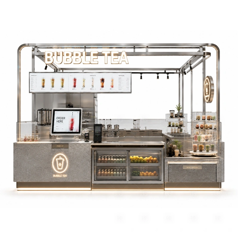 Luxury Bubble Tea Shop Kiosk with Menu Board storage detail for cup storage, topping storage, under-counter fridge space, syrup shelves, packaging drawers, and service supplies planned for luxury bubble tea shop kiosk with menu board