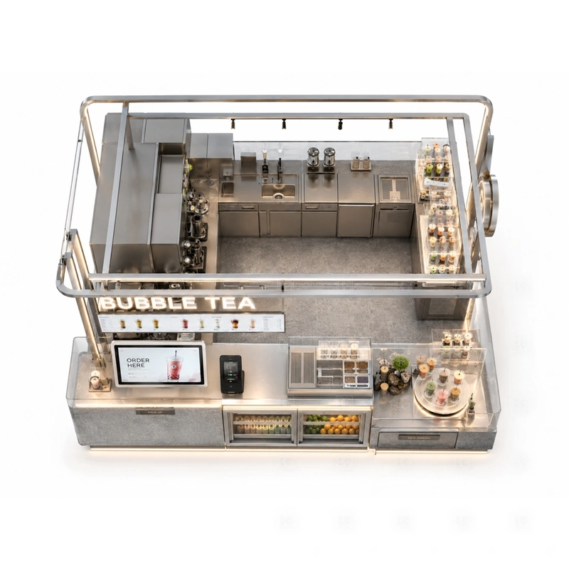 Luxury Bubble Tea Shop Kiosk with Menu Board buyer planning detail for Luxury Bubble Tea Shop Kiosk with Menu Board target size, sealer dimensions, tea brewer position, topping counter size, fridge size, sink requirement, menu board size, destination country