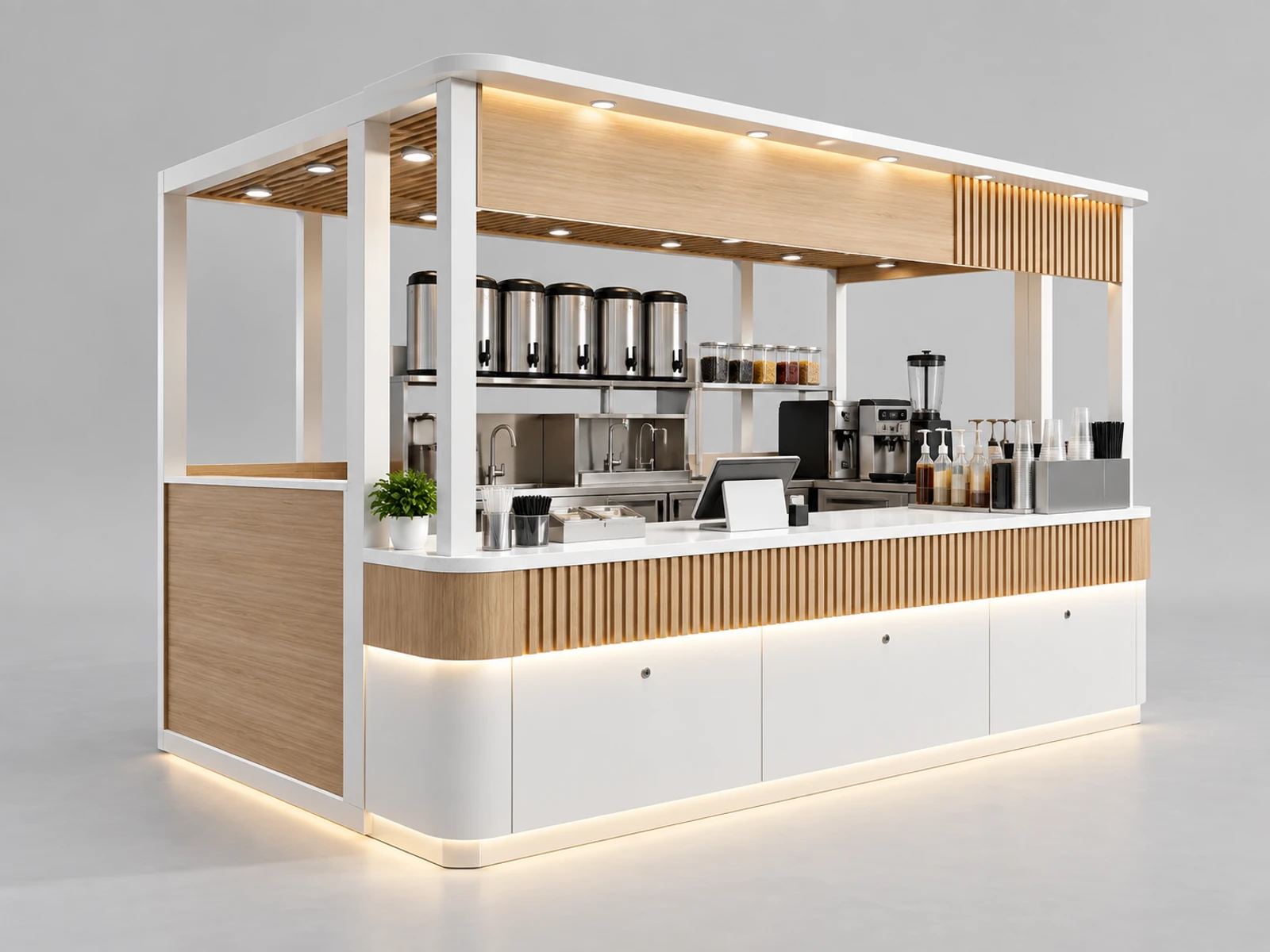 Minimal White Milk Tea Kiosk with Concealed Storage main three-quarter product view