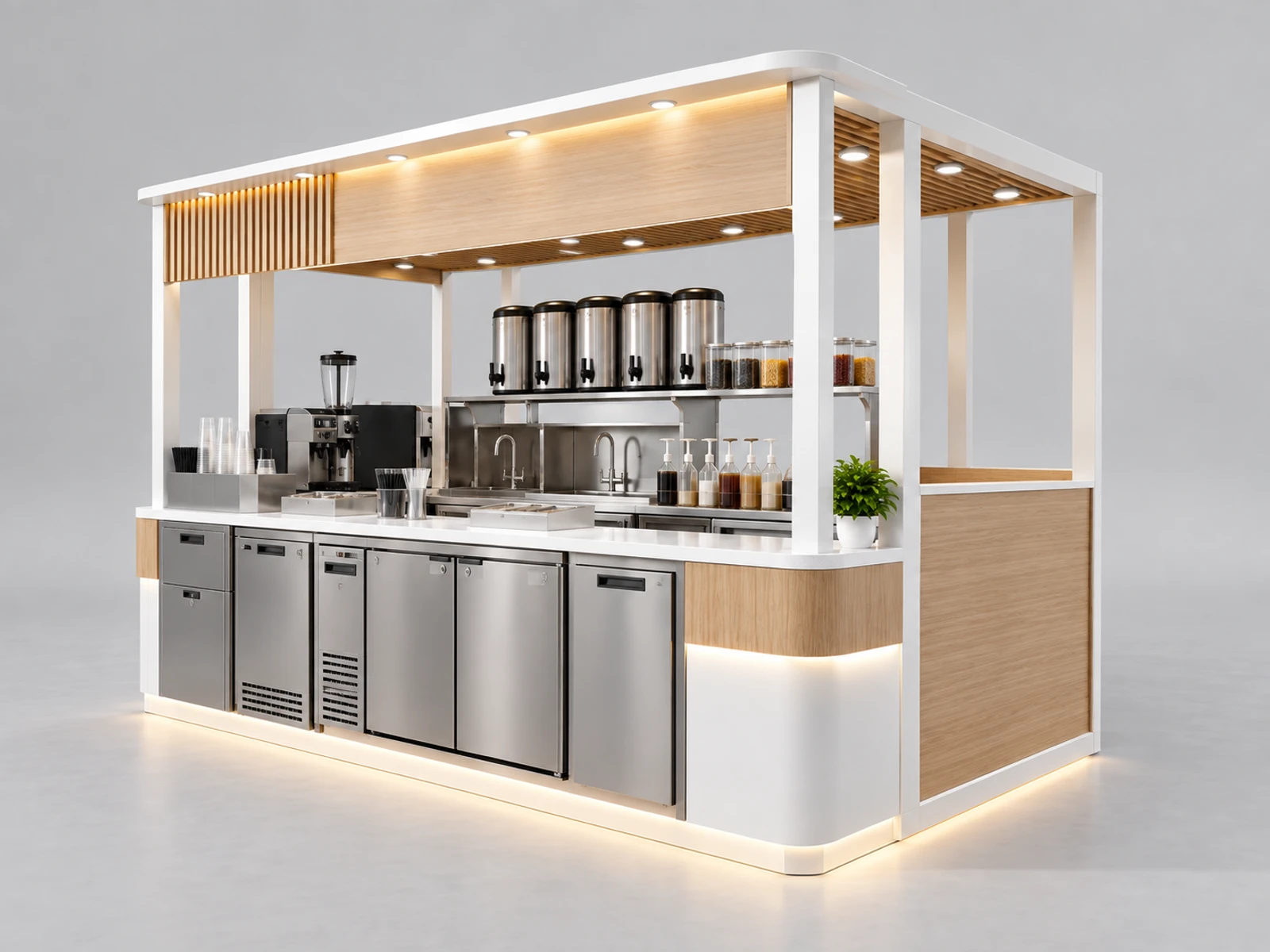 Minimal White Milk Tea Kiosk with Concealed Storage opposite angle showing the complete layout